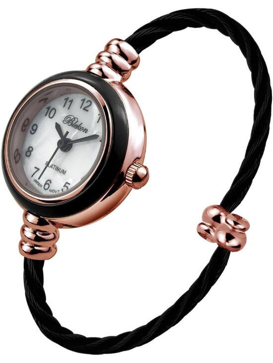 Women\'s Rose Gold Black Analog Elegant Cable Cuff Arabic Numbers Bracelet Watch
